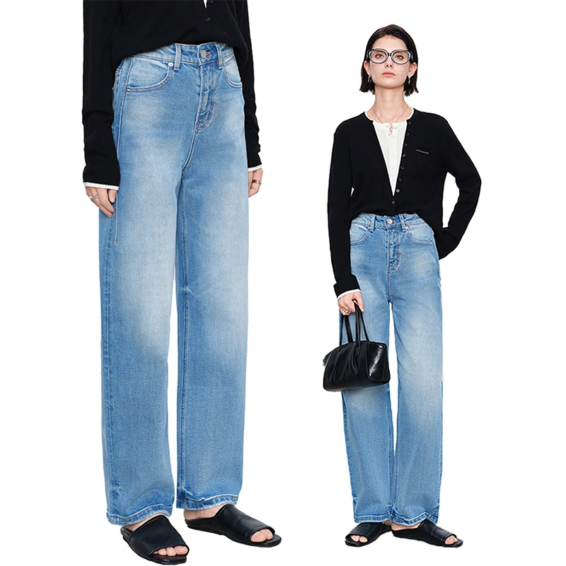 Rightcell 蓝色直筒阔腿牛仔裤女2025春季新款宽松休闲水洗长裤