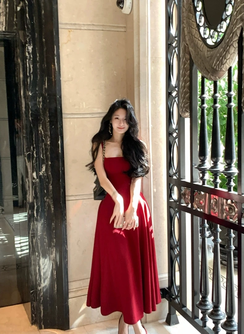 裙长144高个子175加长版法式红色连衣裙时尚气质修身显瘦吊带裙
