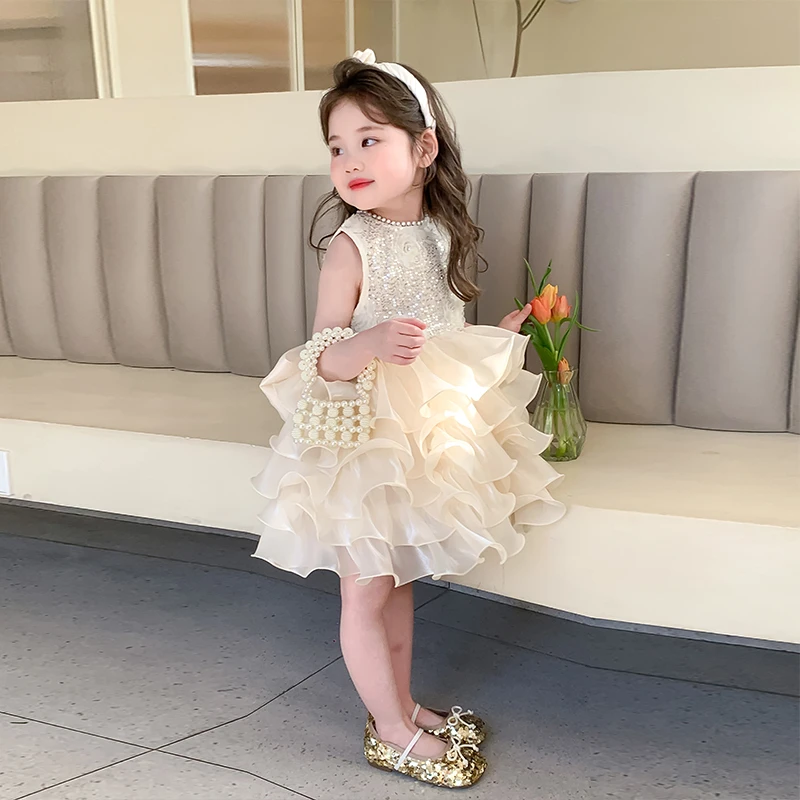 女小童夏季亮片蝴蝶结公主裙2025新款小女孩甜美洋气生日礼服裙子