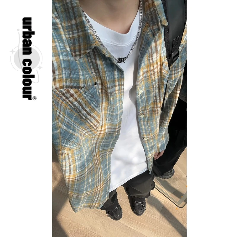 复古格子衬衫男生宽松春秋装学生休闲上衣服叠穿长袖衬衣外搭外套