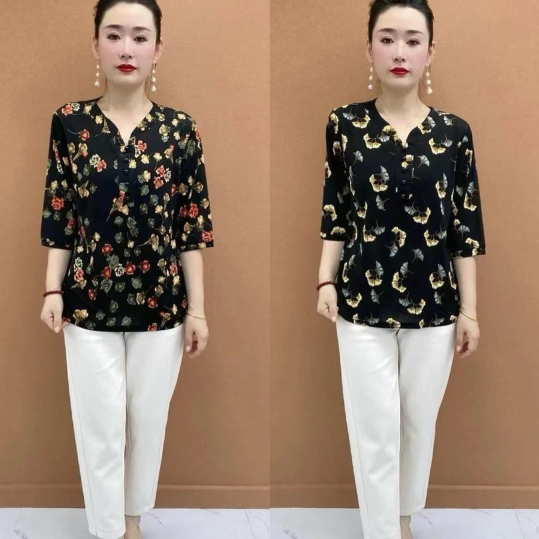 2025早春新款时尚百搭宽松休闲碎花7分袖减龄妈妈装中老年