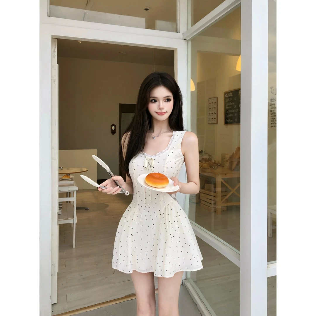 画解WAHJU【杏染云裳】夏季新款设计感波点少女无袖连衣裙9481W