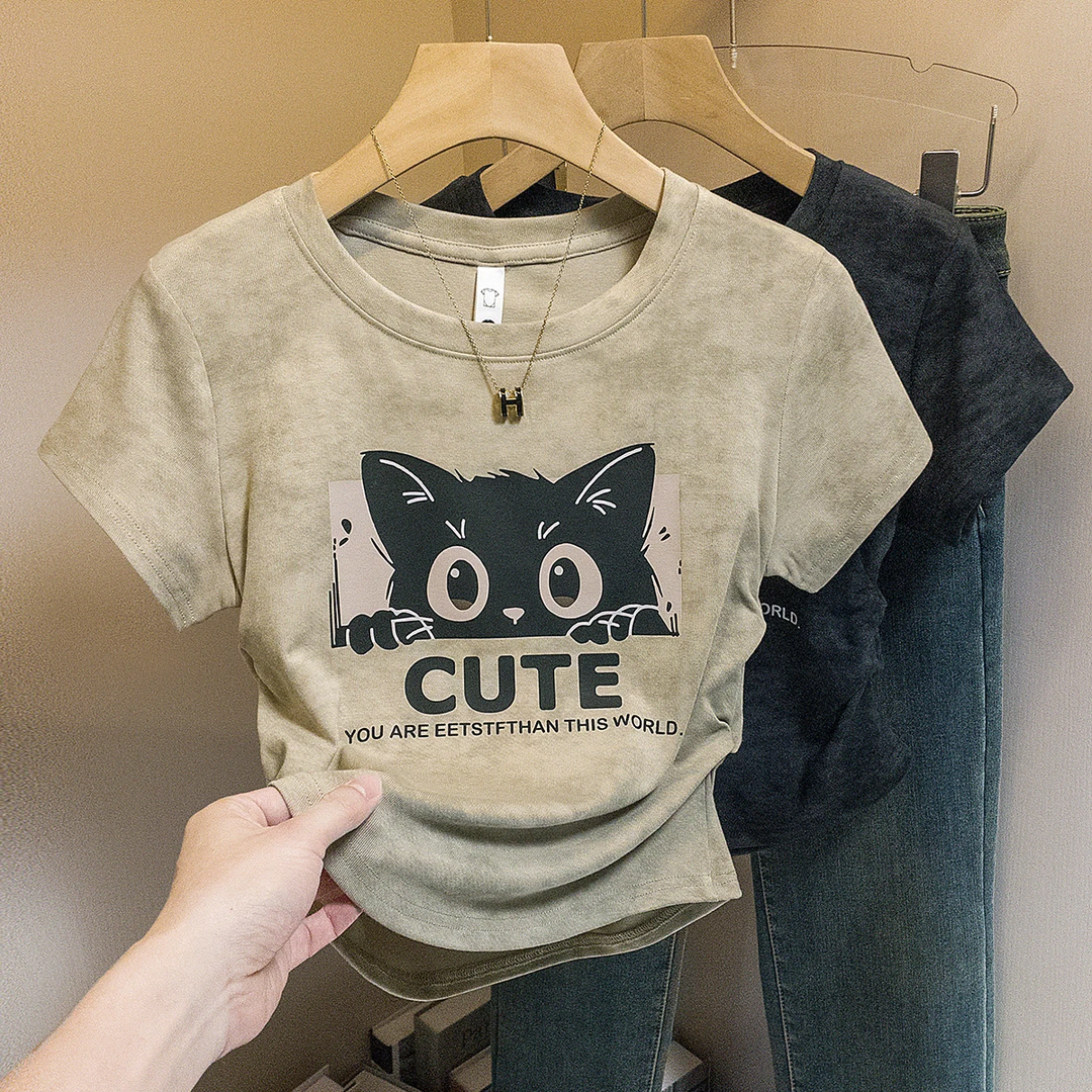 yoewshean/羽媗胖mm短袖T恤女夏季韩系上衣潮复古扎染印花褶皱