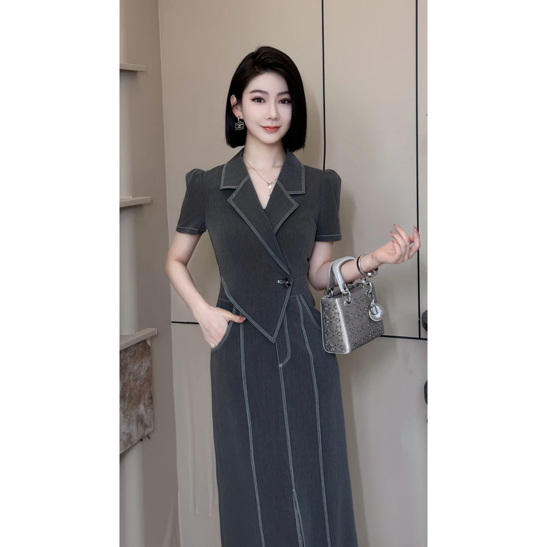 格娜夏季新款短袖干练时尚简约气质显瘦线条设计感高贵气质连衣裙