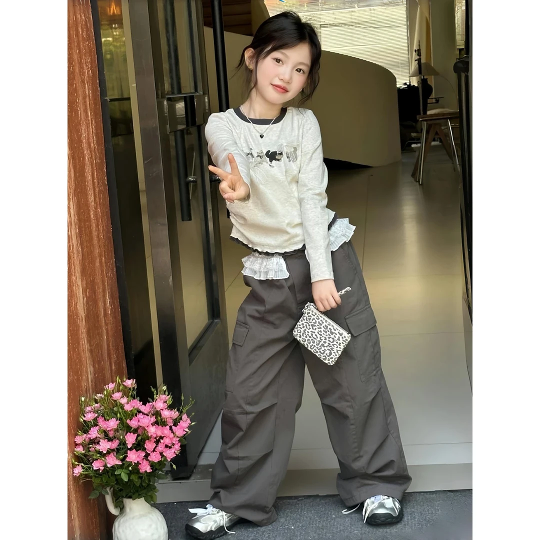 女童早秋套装2025秋季新款儿童巨好看蕾丝边长袖上衣工装裤两件套