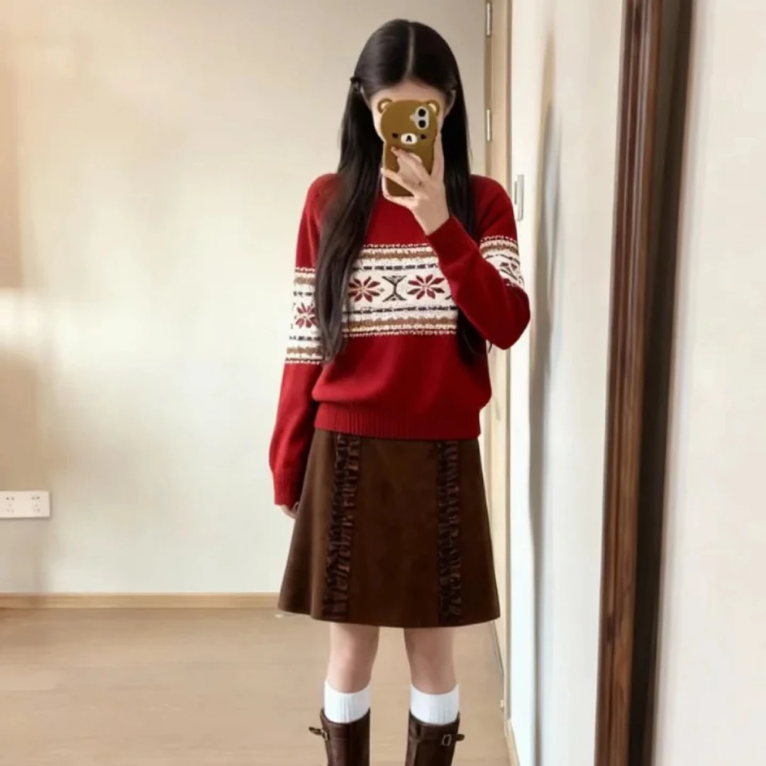 AFFFRFFDQM圣诞红费尔岛针织衫复古提花氛围感圆领长袖毛衣秋冬