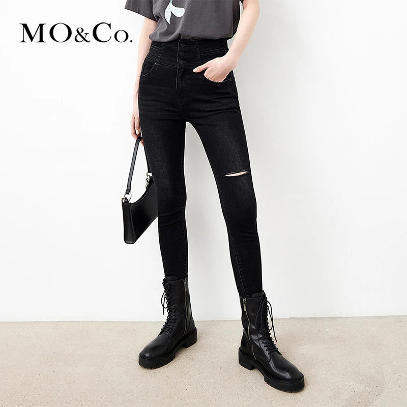 【诗语专属】MOCO高腰三排扣牛仔裤小脚外穿破洞MBB3JENT05
