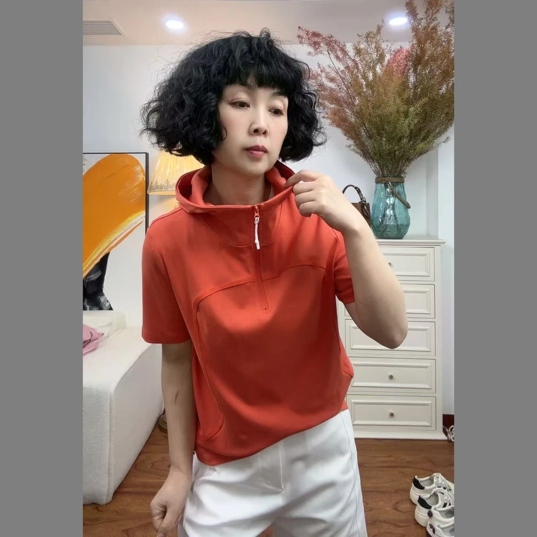2025春新款显瘦百搭高弹力半拉链纯色气质连帽半袖帽衫女25166