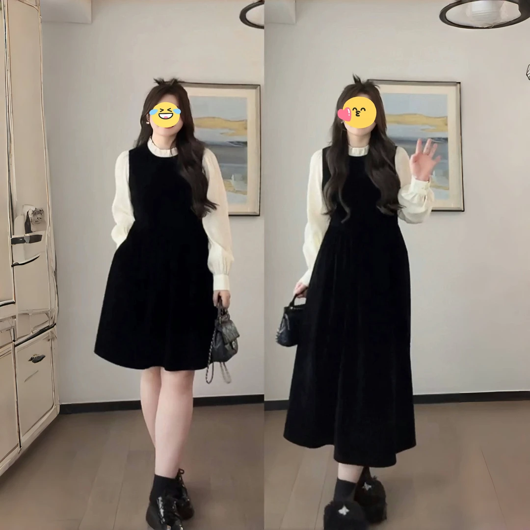 大码法式设计感假两件长袖连衣裙女秋冬微胖mm显瘦温柔风减龄裙子