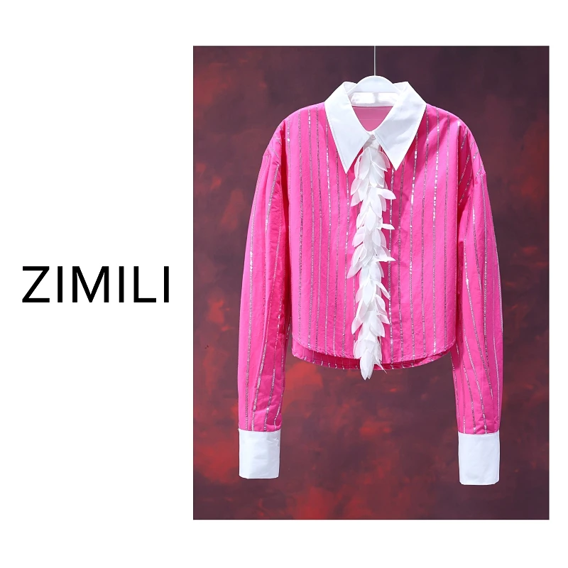 【亮哥女装】2025冬季新品《粉羽诗笺》粉色珠片绣休闲衬衣9922