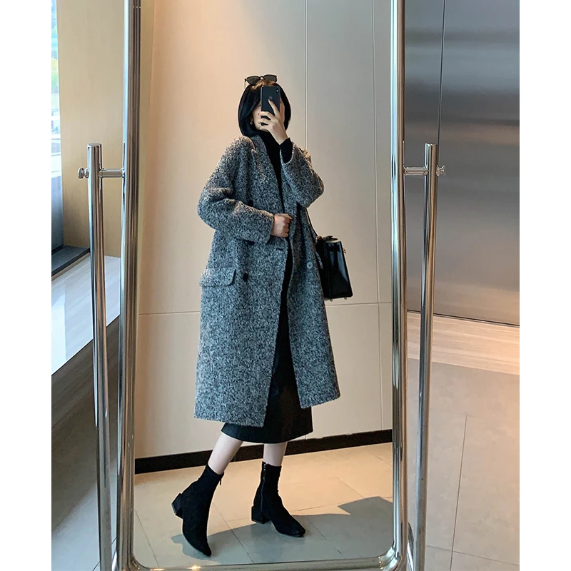 MYL 2024新品骆马绒毛呢外套长袖西装领宽松双排扣休闲上衣