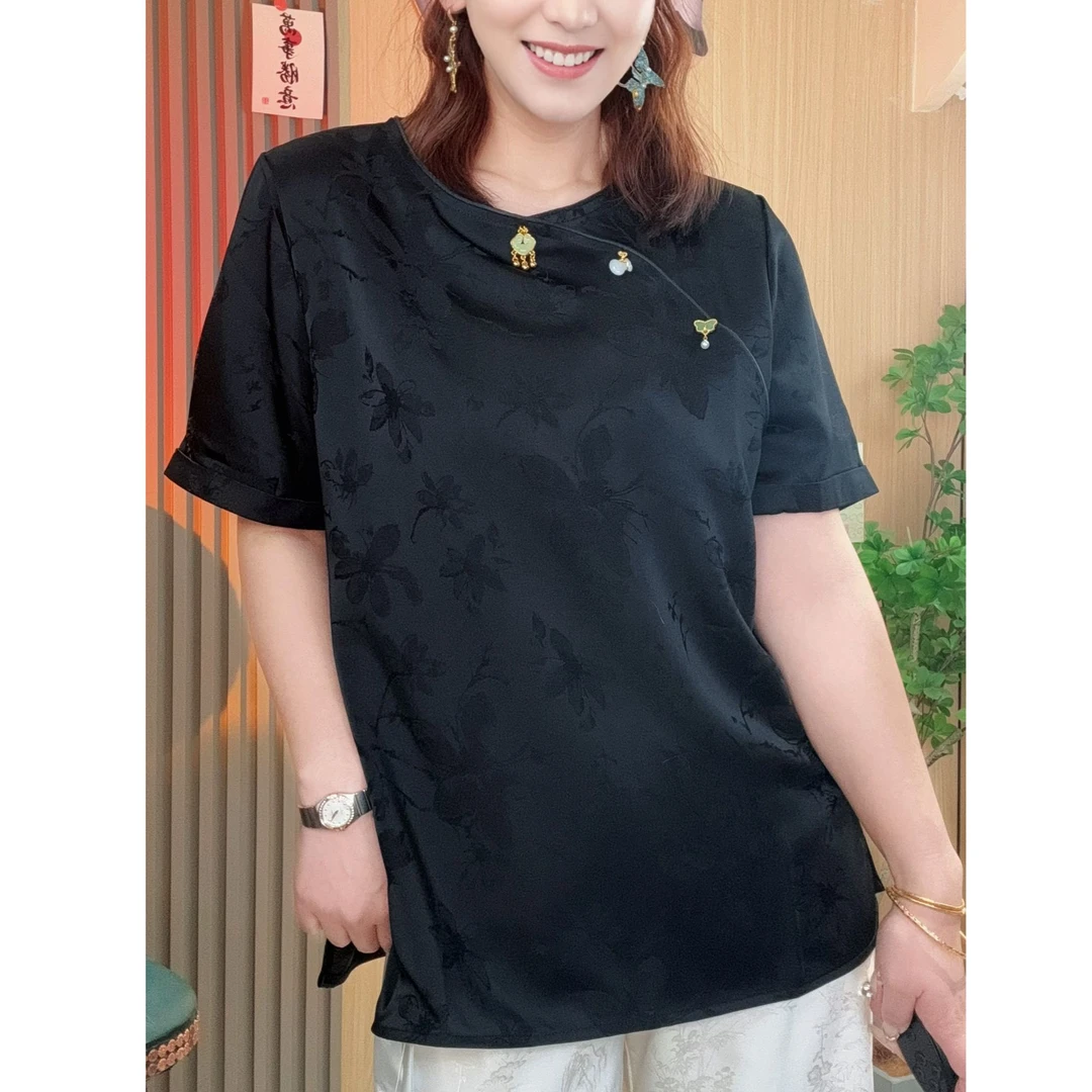 新中式国风夏季超透气圆领提花挂坠五分袖显白半袖