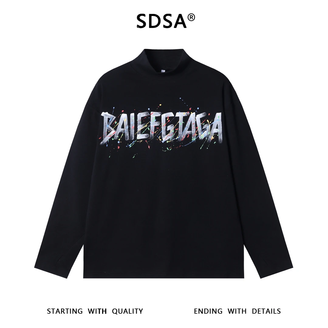 SDSA秋冬新款痞帅男装简约撞色泼墨手绘字母半高领长袖T恤百搭