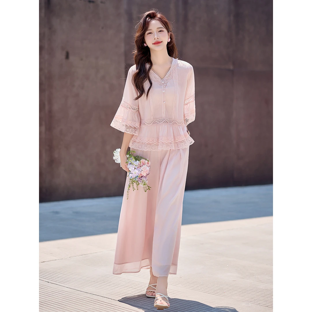 2025夏季高级感新款设计感小众温柔风时尚衬衫垂感阔腿裤两件套裤