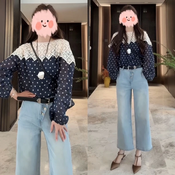 小众炸街高级感女装2025春季轻奢减龄波点长袖上衣百搭牛仔裤套装