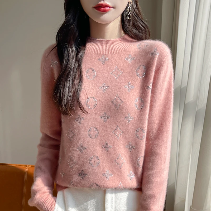 春竹100%羊毛衫新款半高领洋气秋冬宽松显瘦烫钻时尚打底衫毛衣