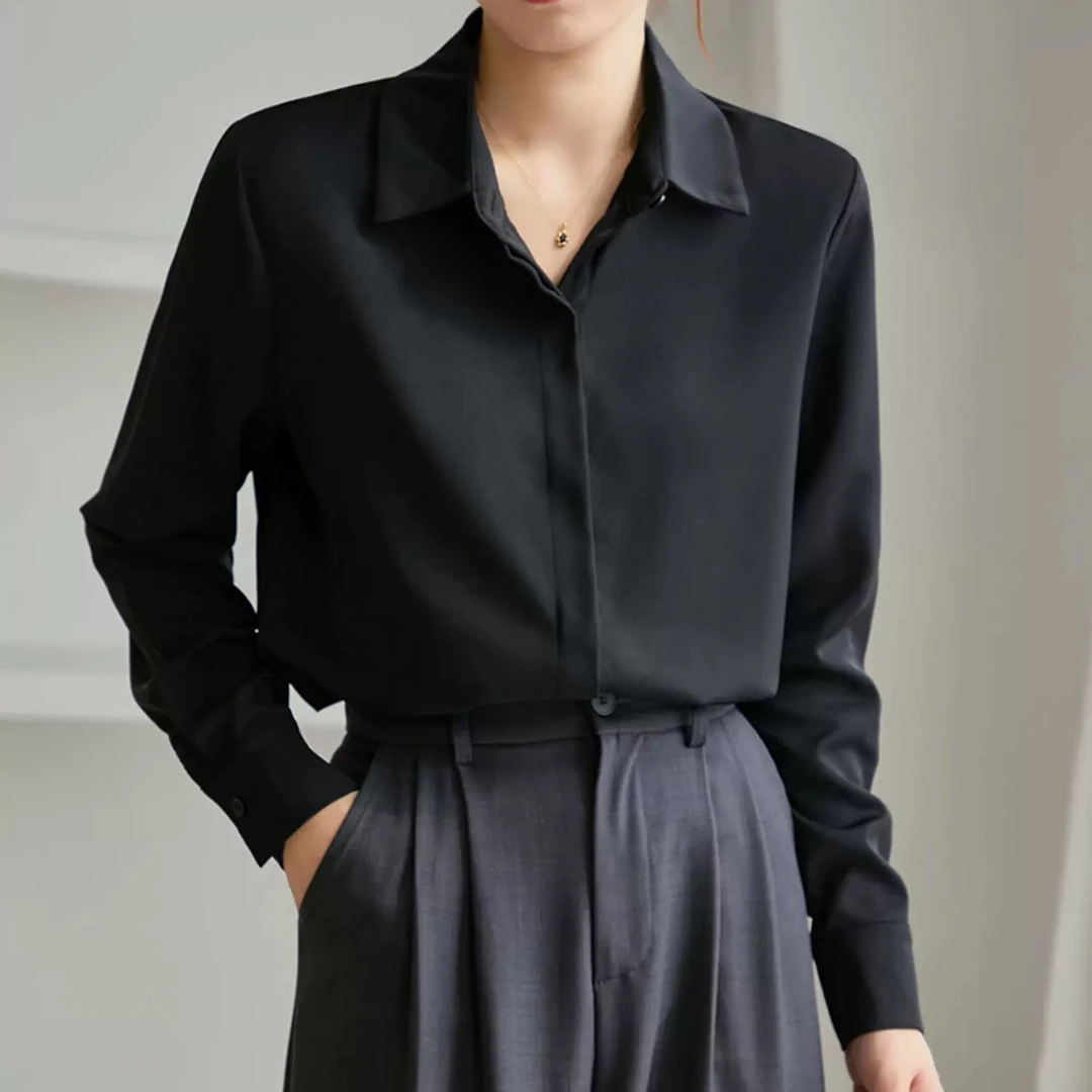 黑色雪纺衬衫女法式高级感百搭通勤时尚感小众长袖衬衣女上衣春秋
