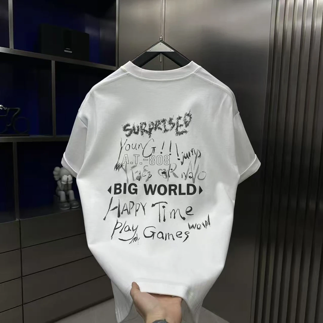 新款美式痞帅高街字母印花T恤高品质重磅休闲潮流半袖60701