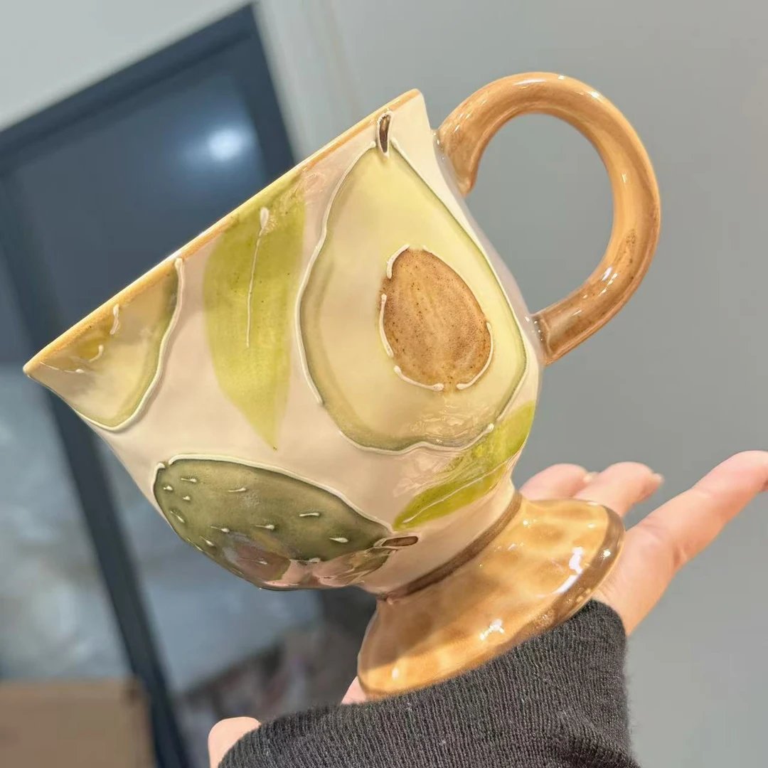 【圆和圈】出口尾单 牛油果手绘釉下彩高脚杯 陶瓷杯 牛奶杯