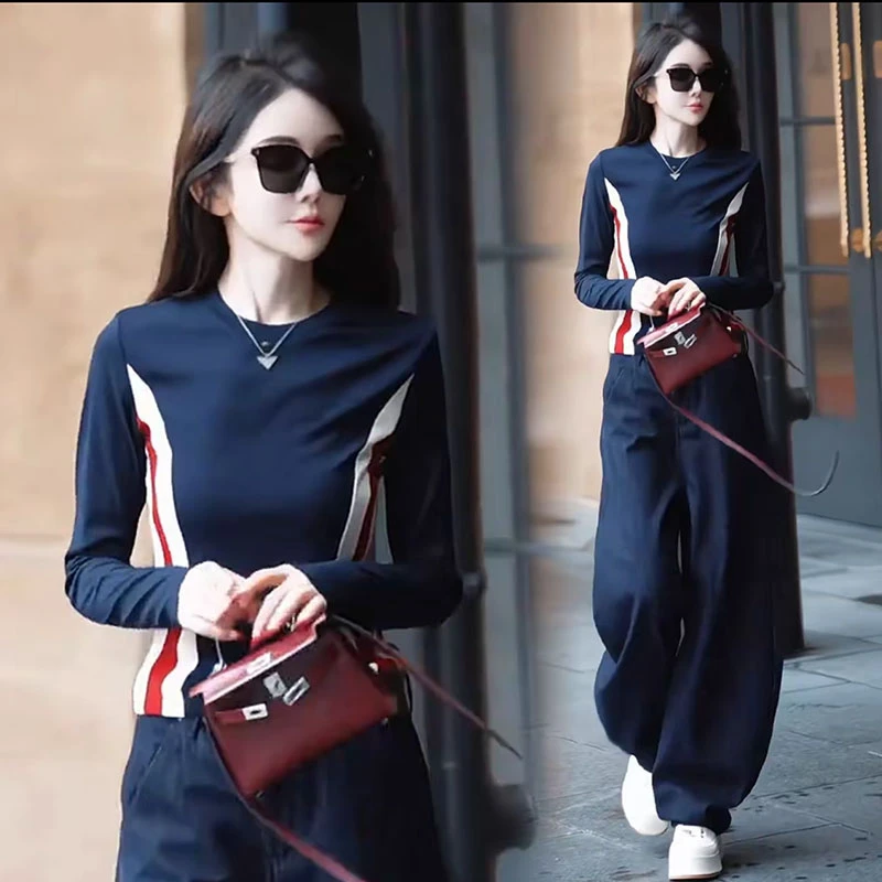 2025早秋新款休闲长袖T恤修身显瘦拼接轻职风上衣女