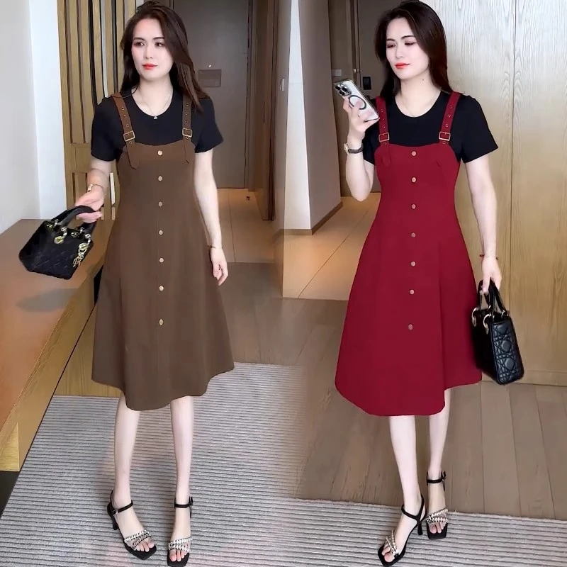 时尚连衣裙女2025夏季新款洋气减龄显瘦短袖假两件拼接连衣裙