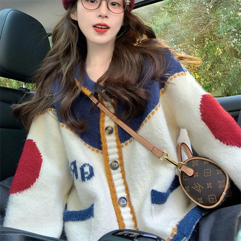 日系软糯撞色毛衣外套女秋冬韩系宽松针织开衫ins潮小众独特