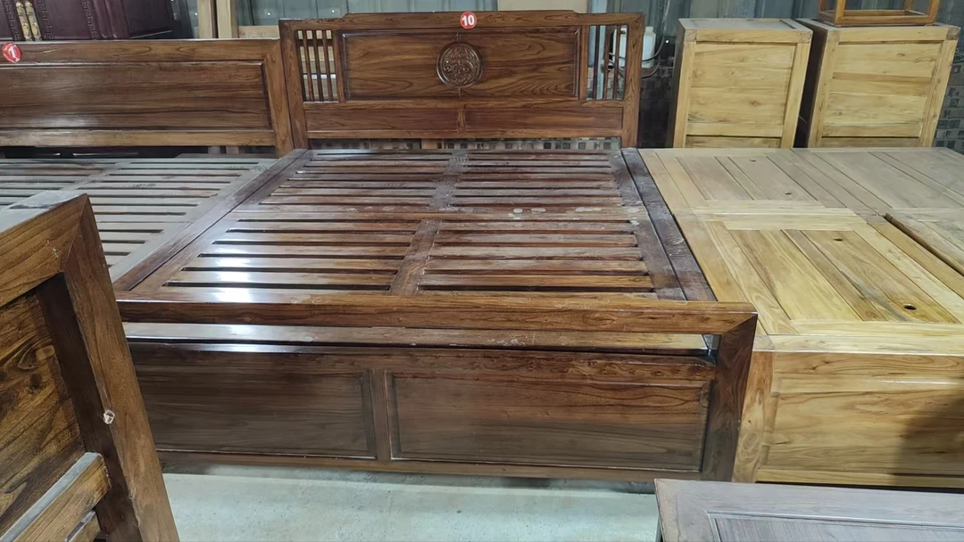 老榆木雕刻原木卯榫可储藏实木床榻榻米沙发床尾雕花边柜全实木床