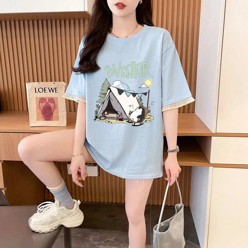 蕾丝花边上衣2025夏新款韩版宽松大码花边拼接立体蝴蝶短袖T恤女