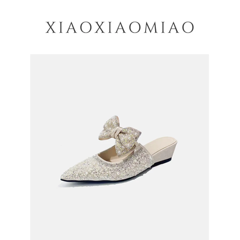 法式银色亮片玛丽珍半拖鞋女外穿包头拖鞋时尚水钻一字带