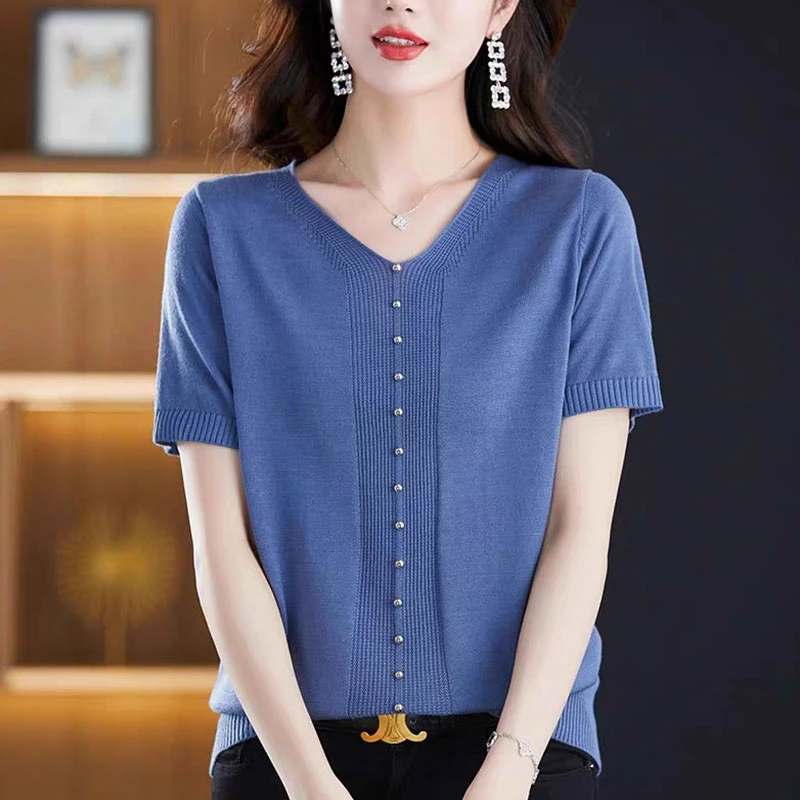 母亲节冰丝针织t恤女2025夏季韩系时尚中年妈妈气质减龄百搭上衣