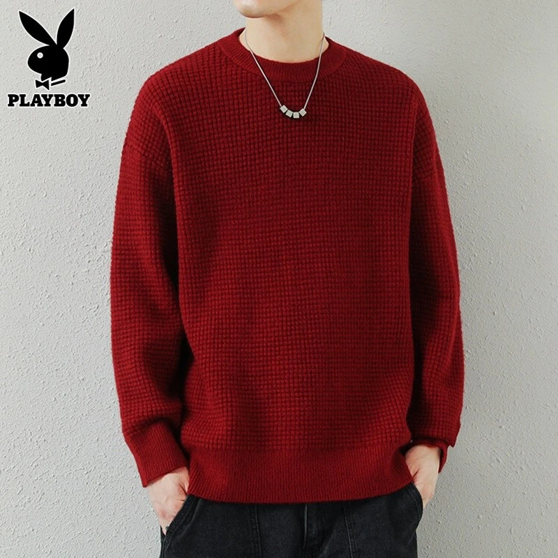 花花公子秋冬男士毛衣针织衫休闲宽松加厚圆领打底衫长袖百搭纯色