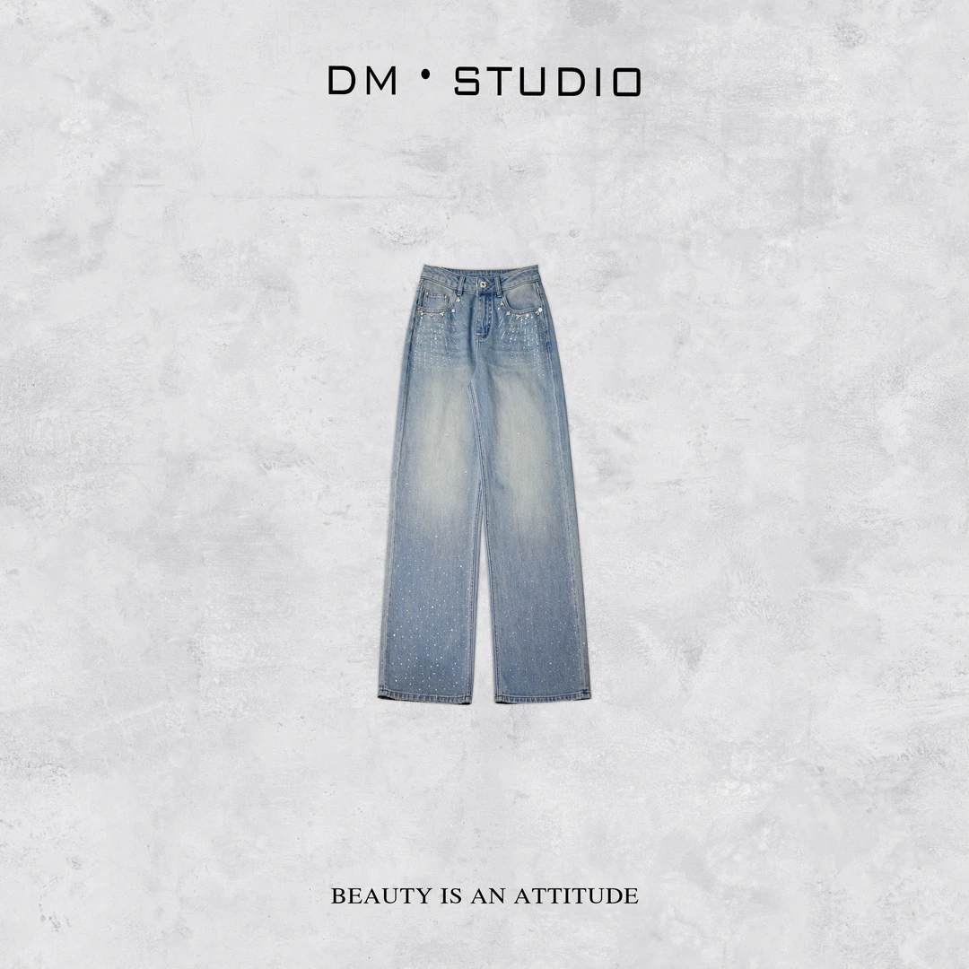 DEDM-DM•STUDIO/轻奢小众设计感流星满天星烫钻阔腿牛仔裤（6652）