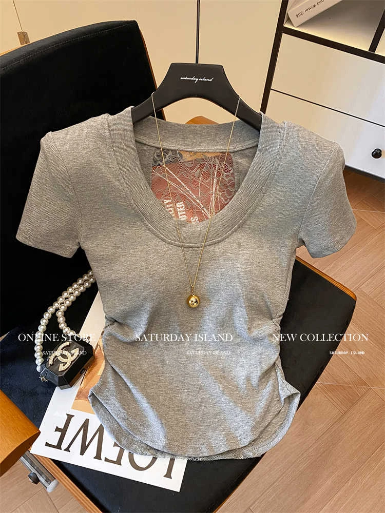 灰色轻熟风褶皱修身U领短袖t恤女2025年夏新款露锁骨辣妹百搭上衣