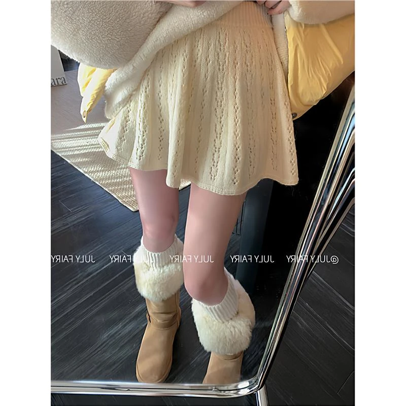 甜美温柔风镂空针织半身裙女秋冬穿搭减龄纯色松紧腰A字短裙子潮