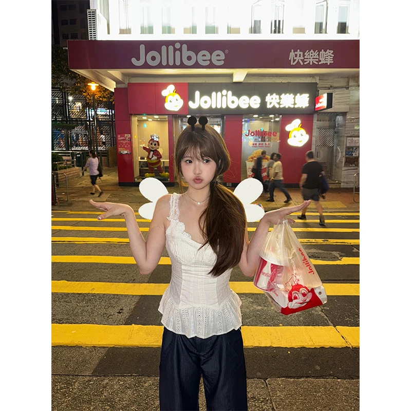 法式蕾丝吊带抹胸纯欲背心上衣女独特漂亮小衫高腰宽松休闲阔腿裤