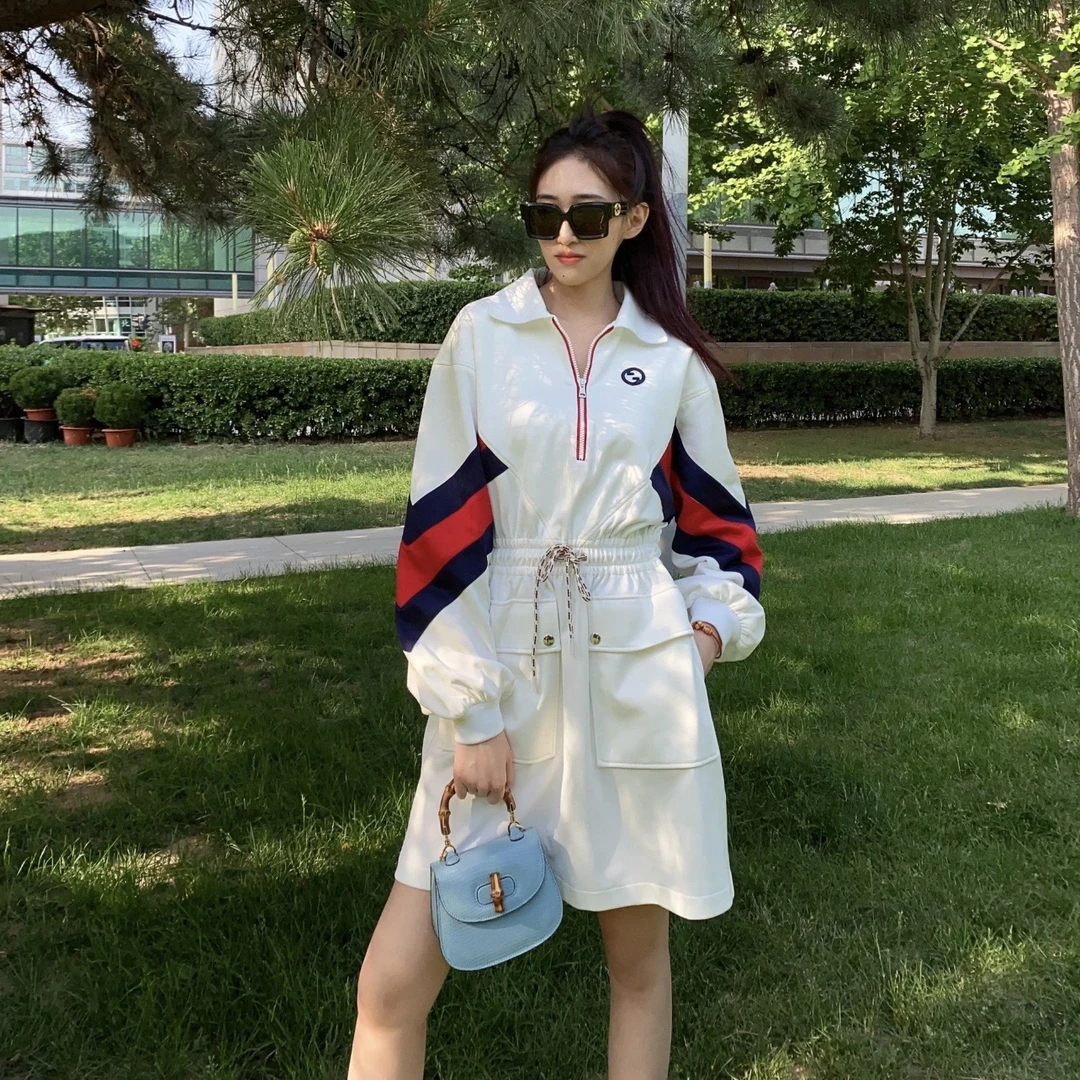 99新 GUCCI/古驰 tem18 拼色logo收腰中长款polo连衣裙 s码 棉