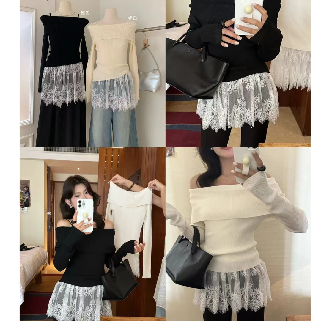 EVE（1exd406#）真两件！吊带蕾丝+一字肩针织衫 2-20