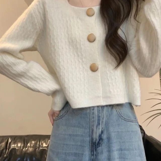 别致独特方领宽松短款毛衣开衫外套女春秋2025新款小个子针织上衣