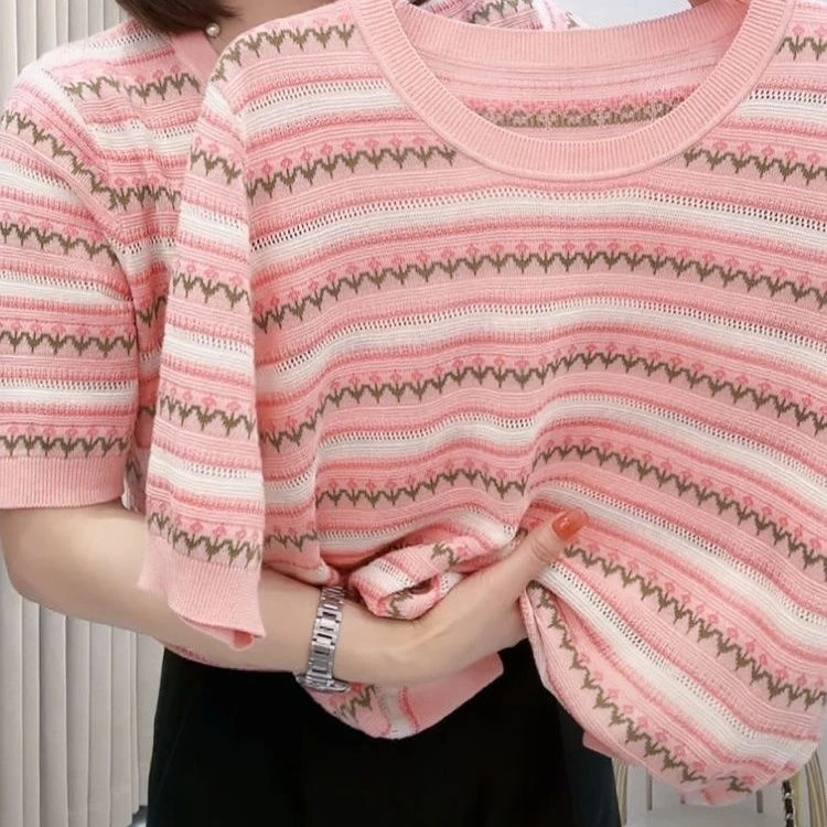 200斤可穿冰丝开衫短袖T恤女宽松大码洋气时尚百搭夏季爆款针织衫