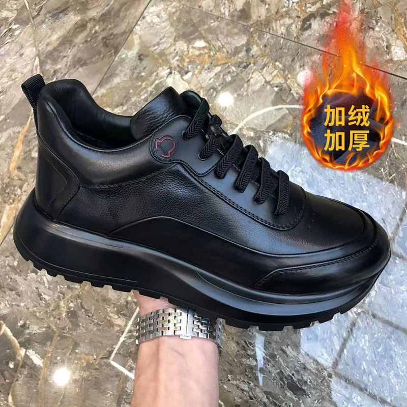 广州新款男士加绒保暖棉鞋头层牛皮厚底增高休闲皮鞋时尚运动皮鞋