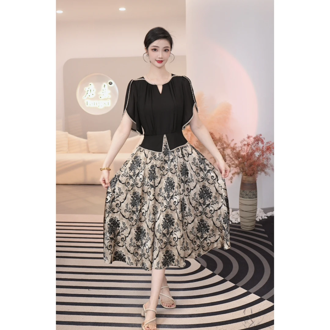 2025夏季新款【H-X510】法式茶歇气质收腰显瘦中长款高级感连衣裙子