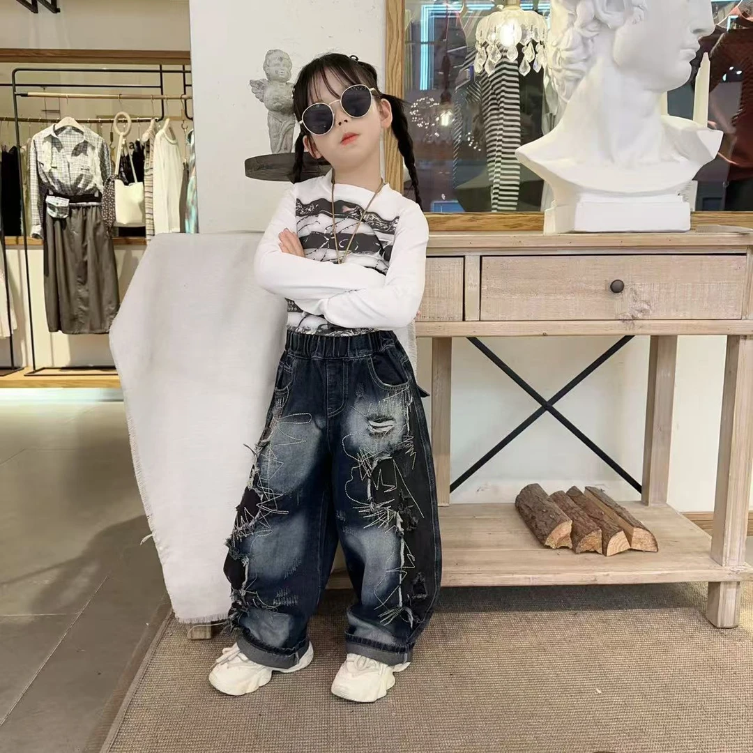 女童2025春秋新款宽松刺绣牛仔裤甜酷时尚洋气休闲披肩上衣潮套装