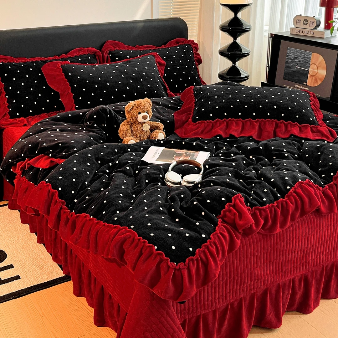 法式大花边加厚牛奶绒夹棉床盖四件套防滑保暖免打理双面绒被套