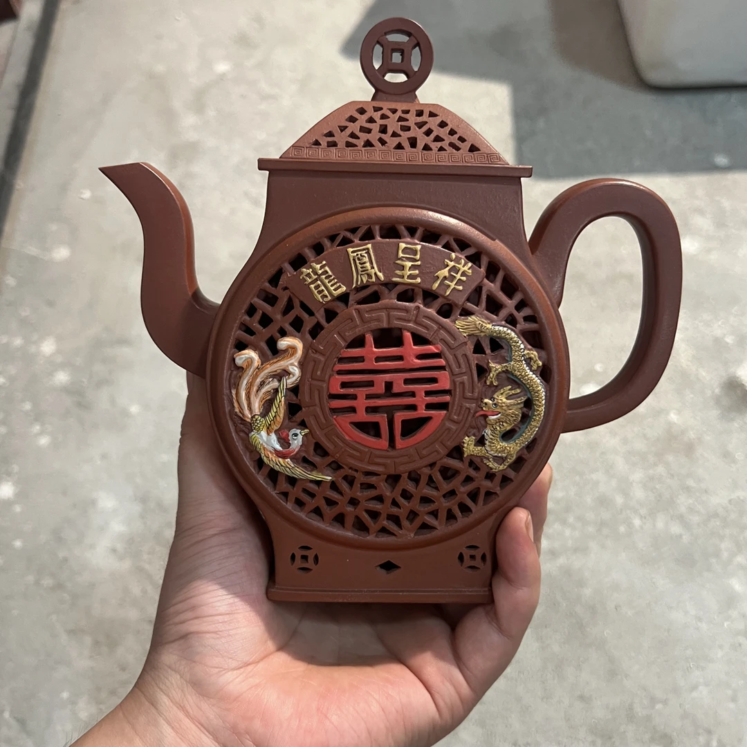 宜兴紫砂壶全手工朱泥大品镂空四方龙凤呈祥450毫升左右