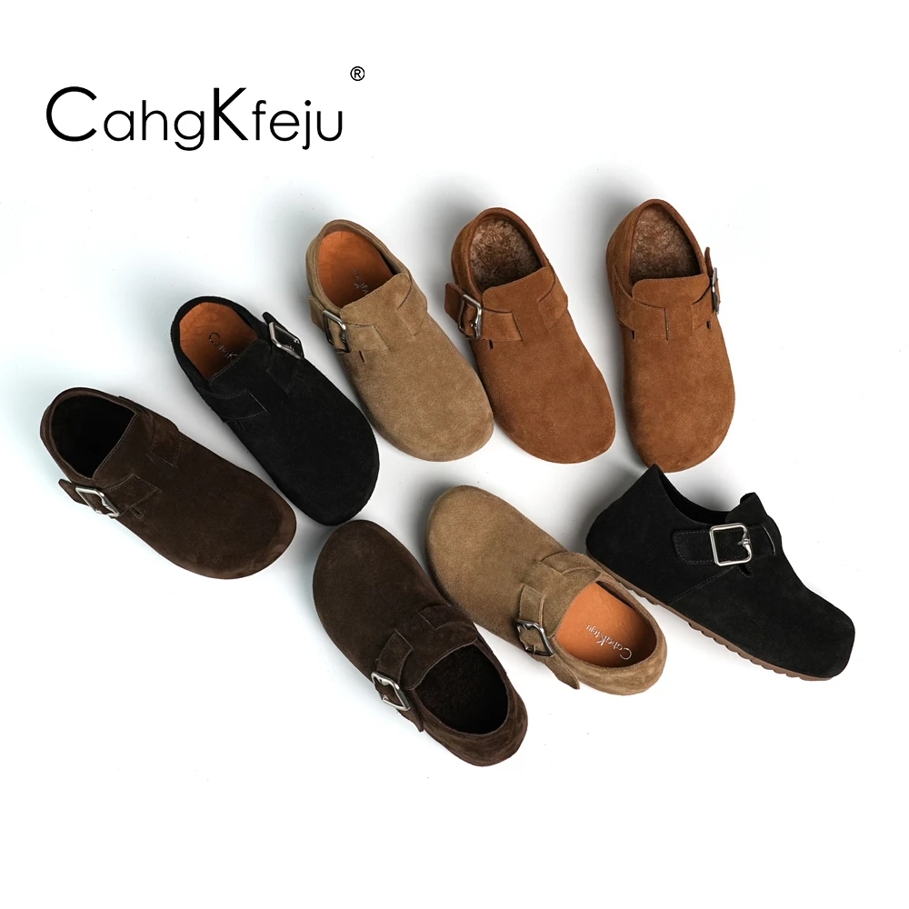 CahgKfeju2025秋冬必入款真皮百搭皮毛一体两穿勃肯鞋松糕底女鞋