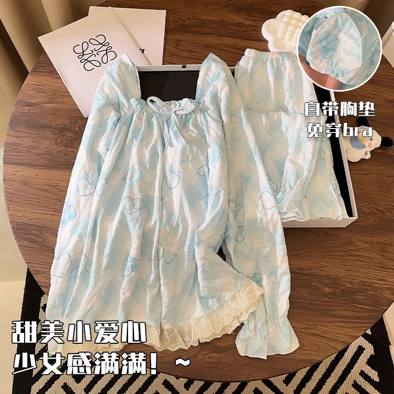 2025新款春秋季睡衣女长袖梭织棉蓝色爱心套装带胸垫一体家居服