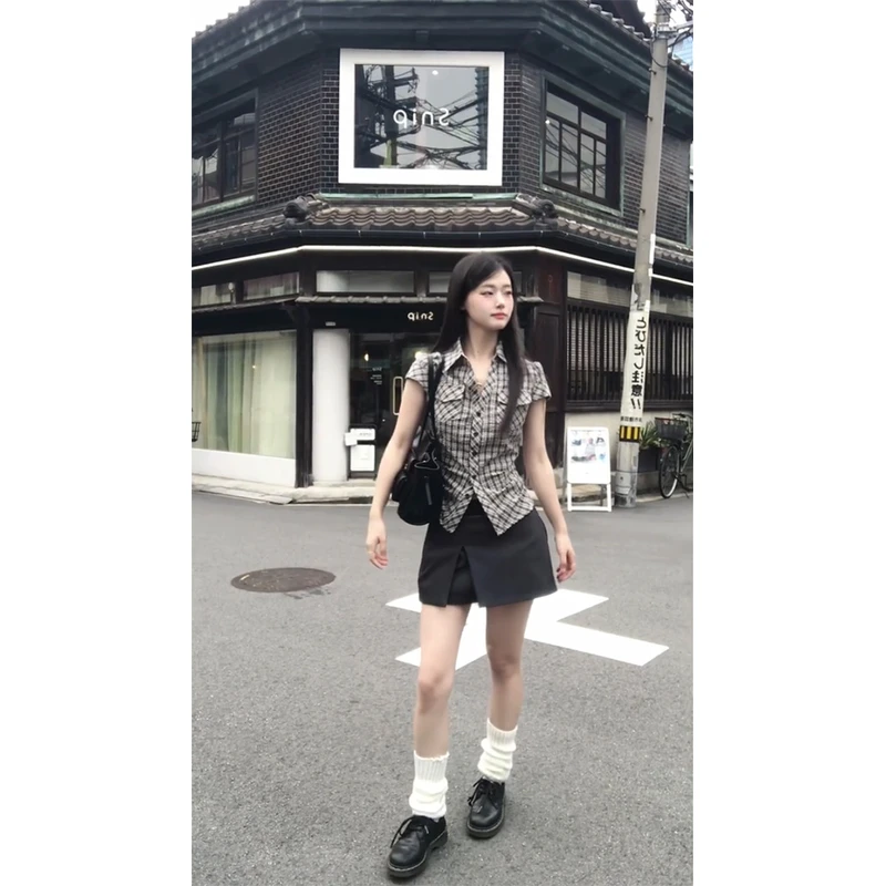 韩系格子翻领衬衫套装女2025夏季新款时尚设计感宽松显瘦好看裙子