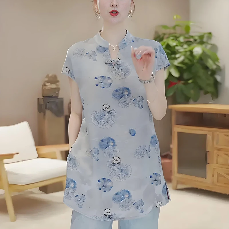 新中式国风V领印花旗袍短袖衬衫女夏季新款宽松显瘦洋气减龄上衣