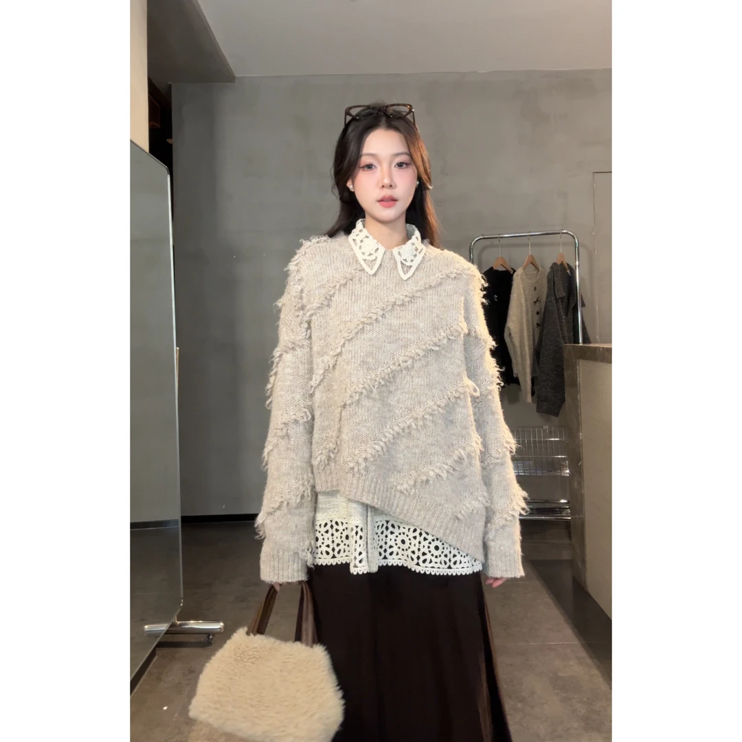 【Minmin】春款新款燕麦色重工不规则秋冬毛衣宽松女