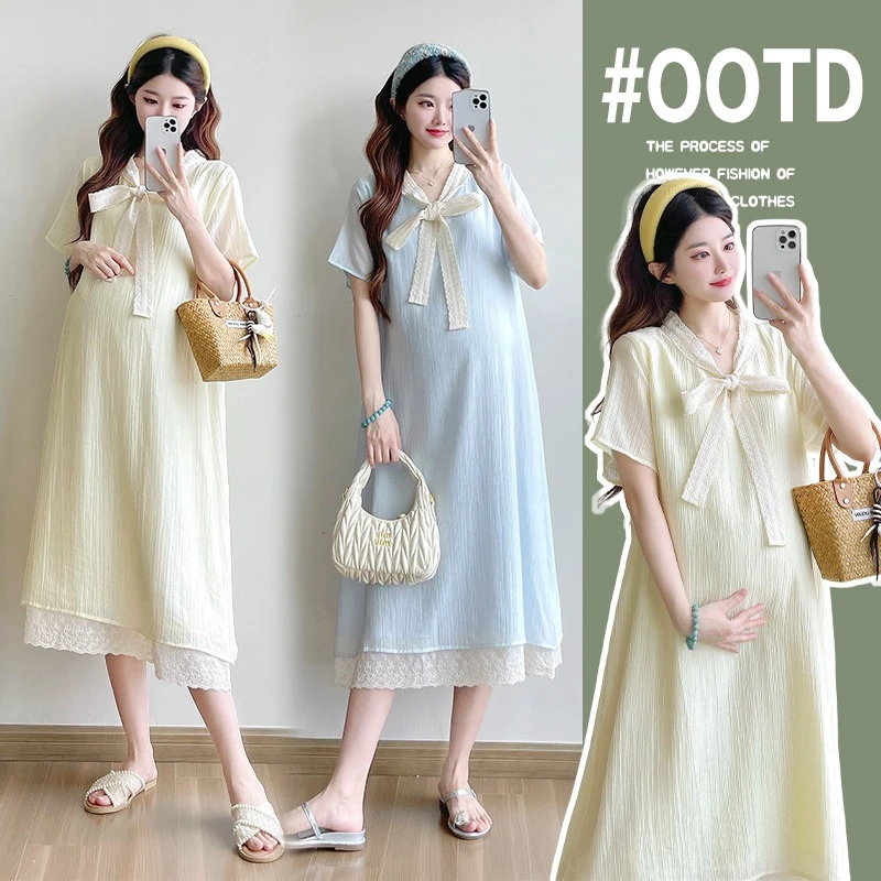 孕妇装连衣裙2025夏季新款蕾丝边设计感蝴蝶结大码宽松中长款裙子